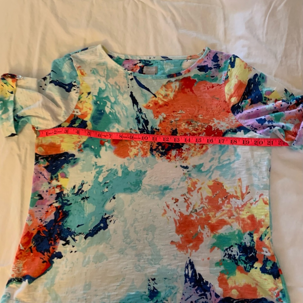 Chico’s Colorful Abstract Roll Tab Women's Top size 2(L-12). - Picture 8 of 10